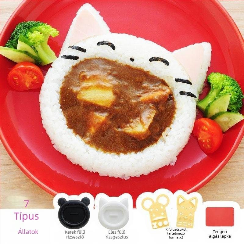 Macskaarcú rizsgolyó-forma készlet – japán stílusú DIY bento gyerekeknek, műanyag.