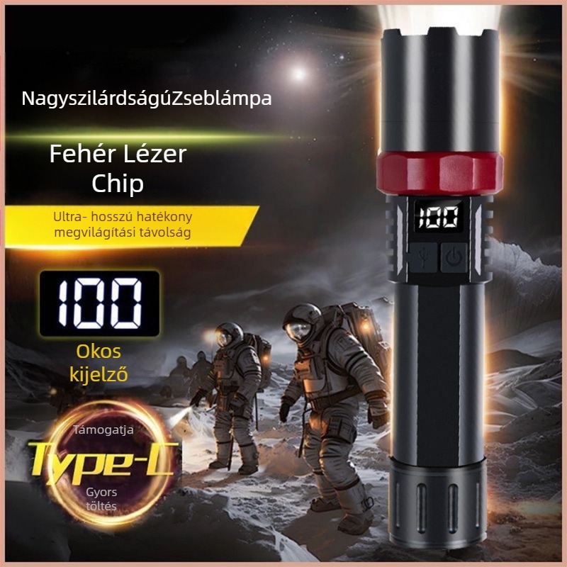 Többfunkciós LED zseblámpa optikai zoommal, kézi nyomásra működő energiaforrás, 10W, hatótáv 100–200 m