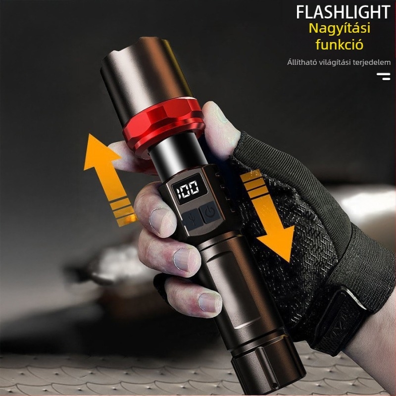 Többfunkciós LED zseblámpa optikai zoommal, kézi nyomásra működő energiaforrás, 10W, hatótáv 100–200 m