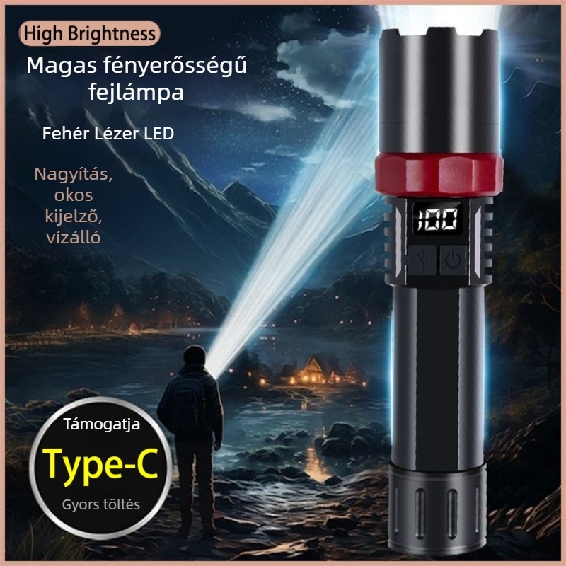 Többfunkciós LED zseblámpa optikai zoommal, kézi nyomásra működő energiaforrás, 10W, hatótáv 100–200 m