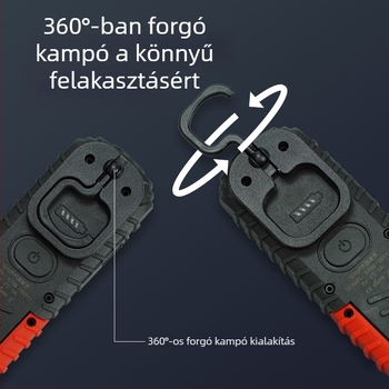 Töltő COB munkalámpa 360° mágneses alapzattal és akasztókampóval jármű karbantartáshoz — 10W, 3.7V, 400 lm, 6500K, modell S680-Z-R