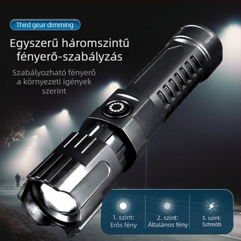 Kézi zseblámpa teleszkópos zoommal, 100 lm, hatótáv 100 m-ig, újratölthető, 18650-es elem, modell JY-81020, kempinghez és túrázáshoz