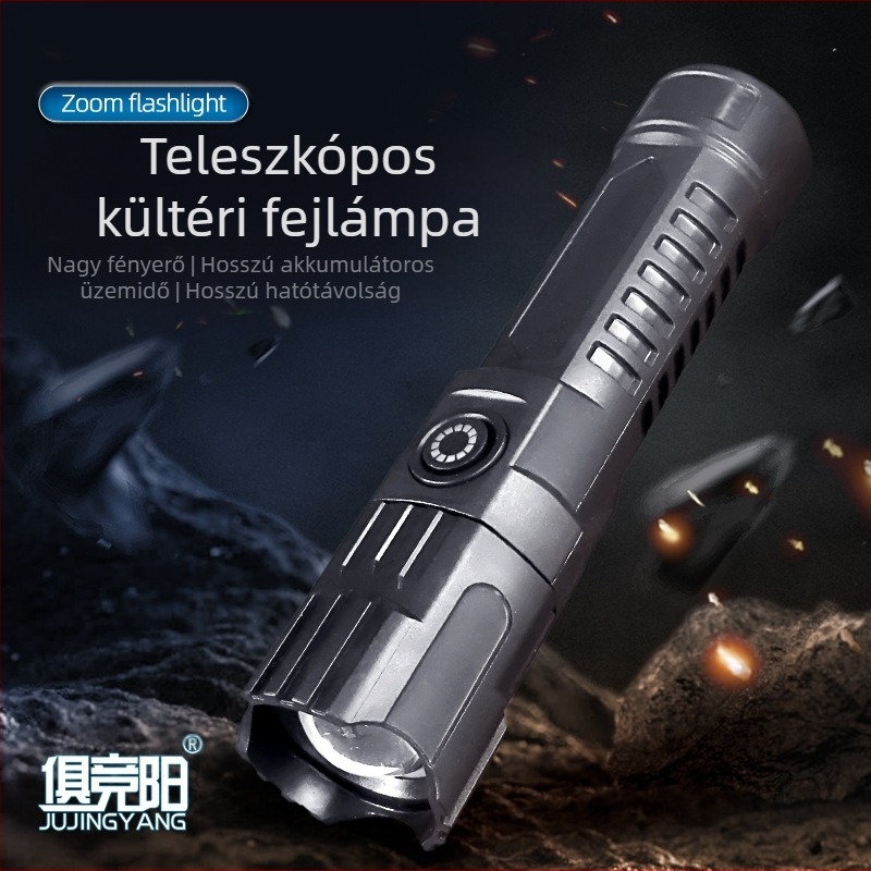 Kézi zseblámpa teleszkópos zoommal, 100 lm, hatótáv 100 m-ig, újratölthető, 18650-es elem, modell JY-81020, kempinghez és túrázáshoz