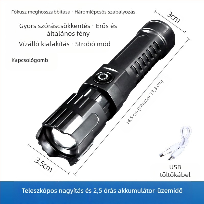 Kézi zseblámpa teleszkópos zoommal, 100 lm, hatótáv 100 m-ig, újratölthető, 18650-es elem, modell JY-81020, kempinghez és túrázáshoz
