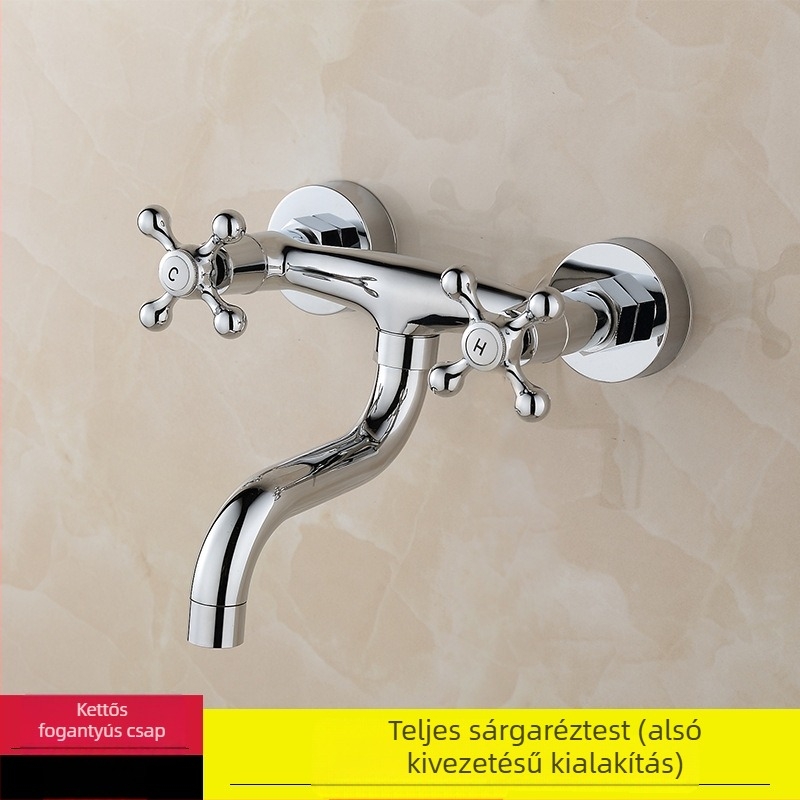 Réz testű falra szerelt konyhai csaptele kettős karokkal, forró és hideg víz keverő