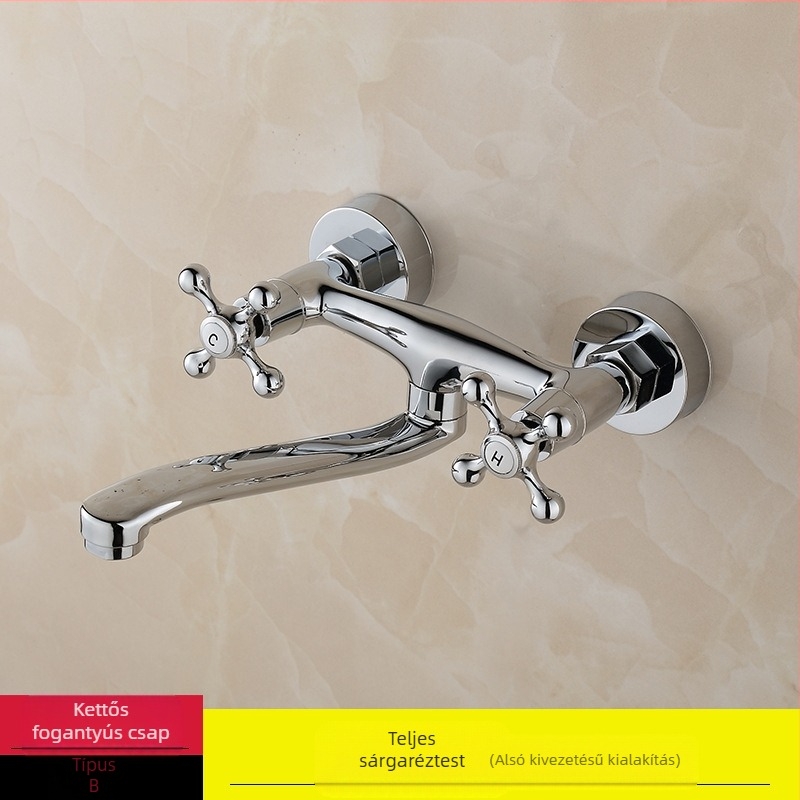 Réz testű falra szerelt konyhai csaptele kettős karokkal, forró és hideg víz keverő