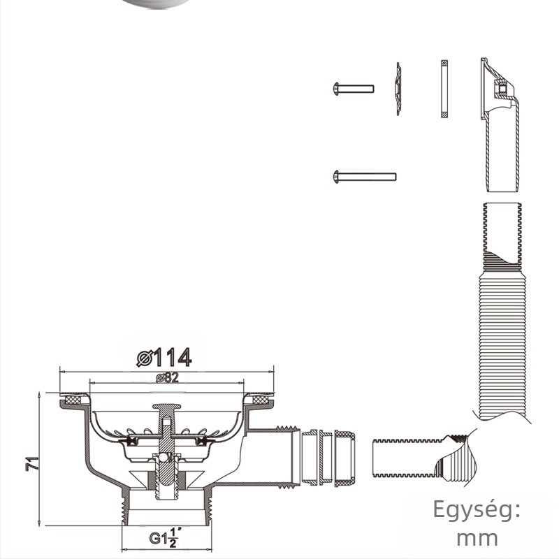 Mosogatólefolyó, modell XK225C034, anyag PP+304, specifikáció 114, tömeg 268 g, modern minimalist stílus
