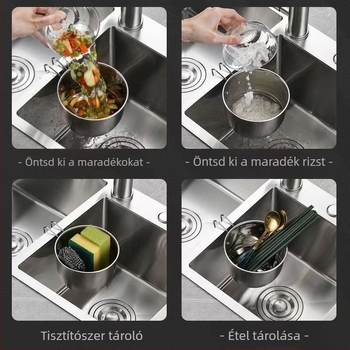Rozsdamentes acélból készült mosogatóhoz illő, lógatható lecsöpögtető kosár zöldségekhez és gyümölcsökhöz – kerek akasztófül, modern minimál stílus