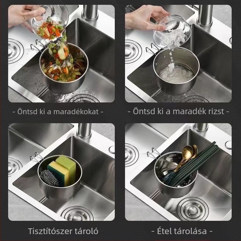 Rozsdamentes acélból készült mosogatóhoz illő, lógatható lecsöpögtető kosár zöldségekhez és gyümölcsökhöz – kerek akasztófül, modern minimál stílus