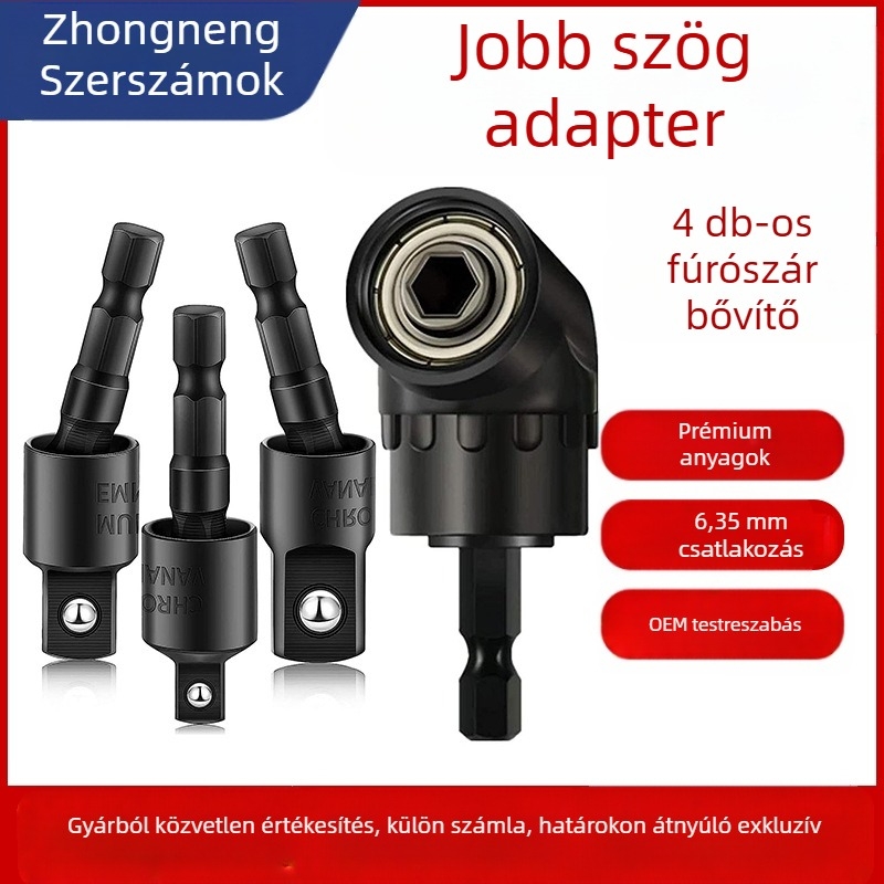 105° hex fogantyúval rendelkező forgó négyszögfej adapter 1/2, 3/8 és 1/4 hüvelykes meghajtókhoz; magas széntartalmú acél