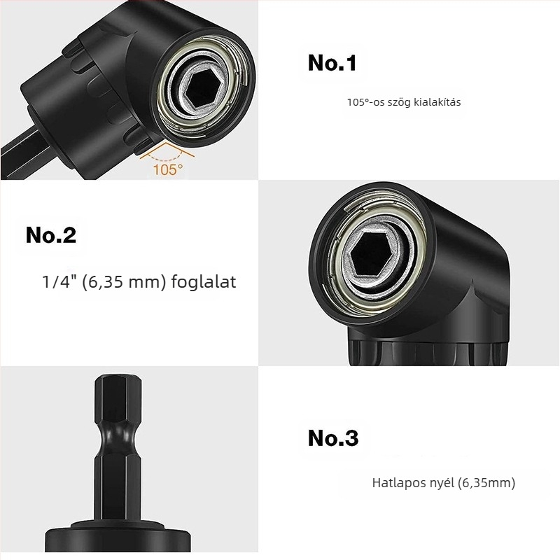 105° hex fogantyúval rendelkező forgó négyszögfej adapter 1/2, 3/8 és 1/4 hüvelykes meghajtókhoz; magas széntartalmú acél