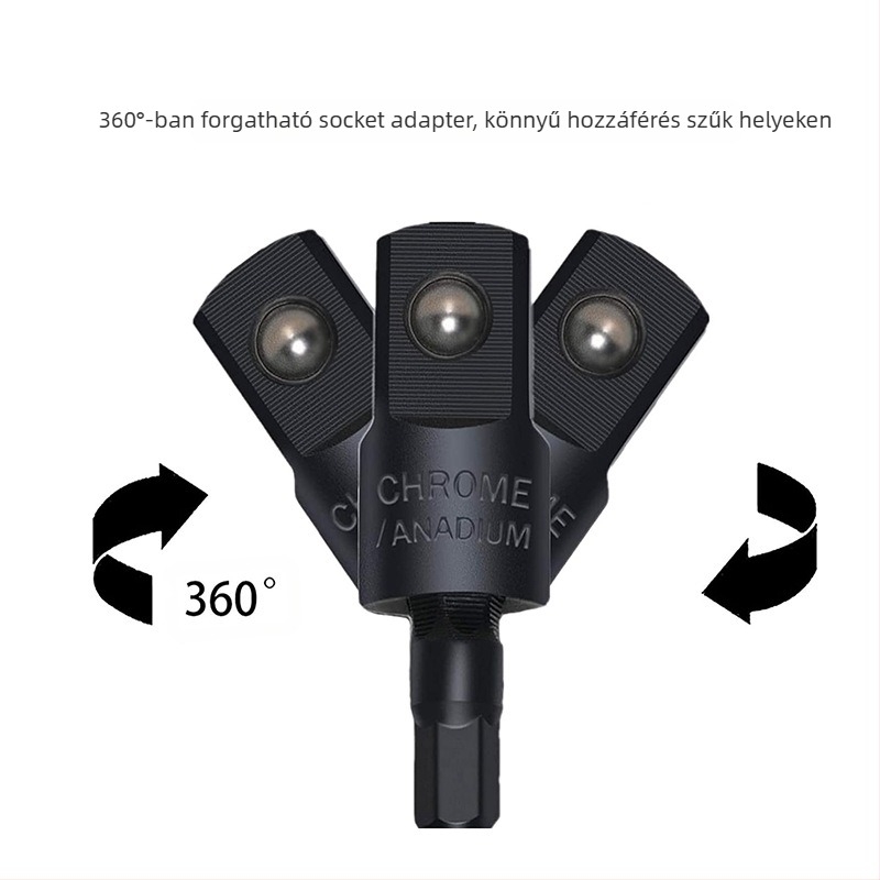 105° hex fogantyúval rendelkező forgó négyszögfej adapter 1/2, 3/8 és 1/4 hüvelykes meghajtókhoz; magas széntartalmú acél