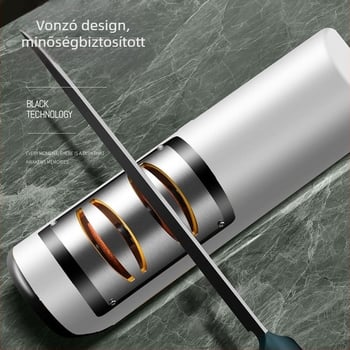 Elektromos késélező, kompakt konyhai eszköz, teljesen automata, újratölthető, rozsdamentes acél, modern minimalista dizájn.