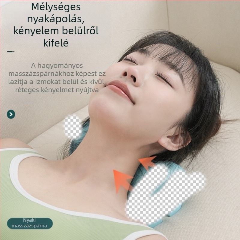 Nyaki masszázs párna – hordozható elektromos masszírozó autóhoz és otthonhoz, EMS mikroáram, 2 masszázsfej, 3 fokozat, vezeték nélküli távirányító, újratölthető