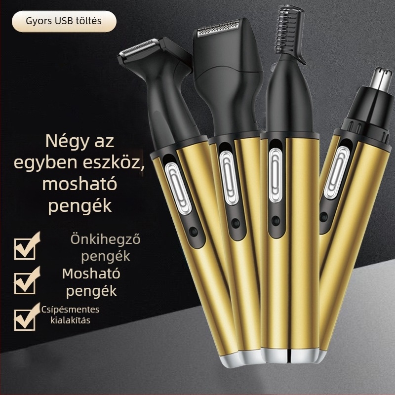Négy az egyben multifunkciós ápoló készülék orrszőr- és borotválkozáshoz, rozsdamentes acél, mosható penge, beépített akkumulátor