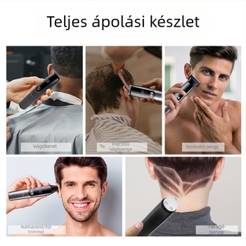 Férfiak számára tervezett, többfunkciós elektromos hajvágó, borotva és orrszőr-trimmer (beépített akkumulátor; töltés; eltávolítható mosható vágófej; rozsdamentes acél pengék; zaj 36–45 dB)