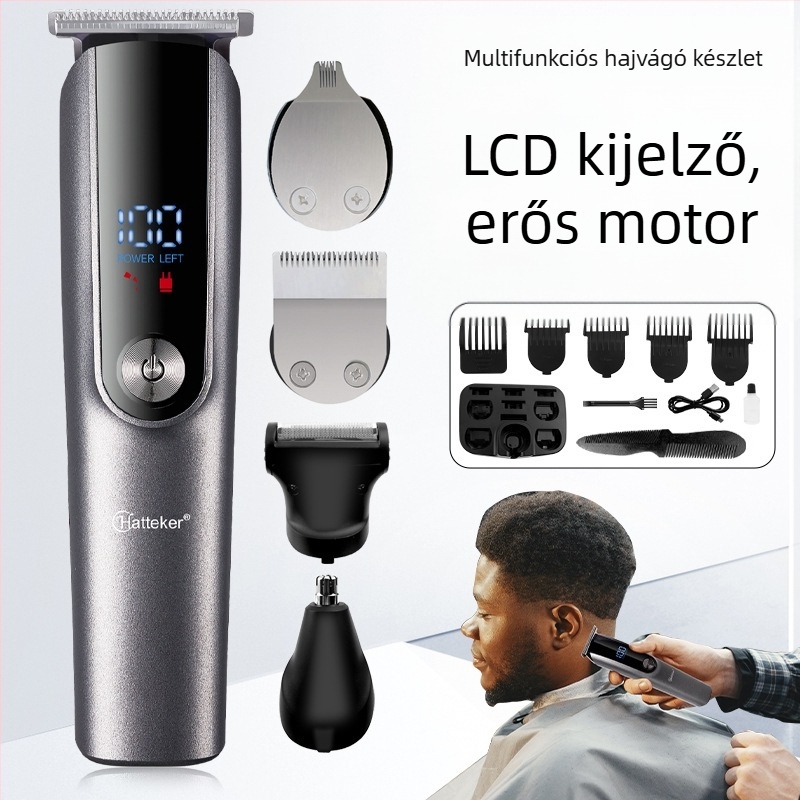 Férfiak számára tervezett, többfunkciós elektromos hajvágó, borotva és orrszőr-trimmer (beépített akkumulátor; töltés; eltávolítható mosható vágófej; rozsdamentes acél pengék; zaj 36–45 dB)