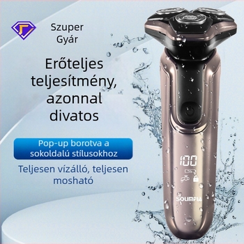 LED kijelzős elektromos borotva, forgó 3 pengés fej, IPX7 vízálló, USB töltés, beépített 500–800 mAh akkumulátor