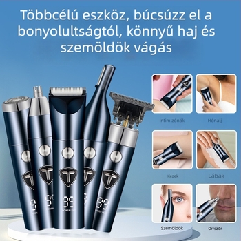 5-az-1-ben elektromos hajvágó digitális kijelzővel, újratölthető, vízálló, rozsdamentes acél pengék, beépített 800–1000 mAh-s akkumulátor, üzemidő 1–3 óra