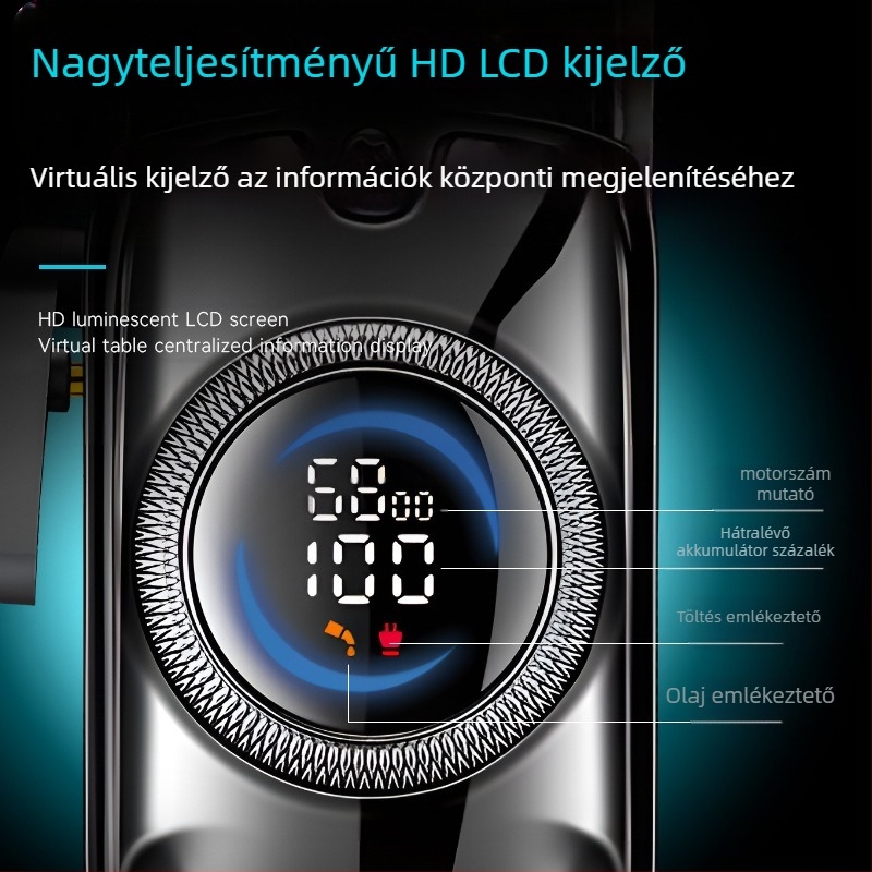 KM-2279 professzionális elektromos hajvágó LCD kijelzővel, beépített 500–800 mAh akkumulátor, 1–3 órás üzemidő, rozsdamentes acél vágófej, vízálló