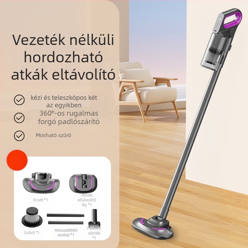 Vezeték nélküli nedves-szárazó kézi porszívó atkák eltávolító fejjel — 3100–4000 Pa szívóerő, 80W, zaj ≤36 dB, beépített akkumulátor