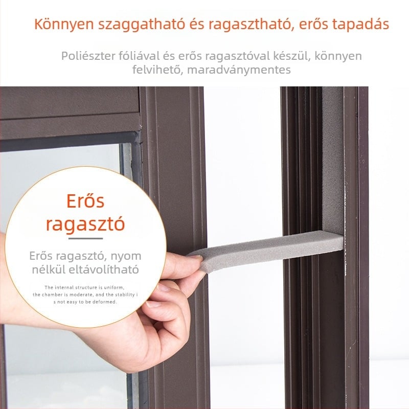 Ajtó- és ablakszigetelő szalag – öntapadó szivacs a szélvédéshez és hangszigeteléshez, ütés elleni védelem üvegajtókhoz