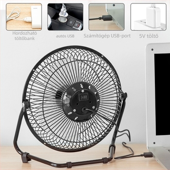USB asztali ventilátor iroda - 5V, 5W, zaj 45-50dB, brushless motor, fel-le mozgás