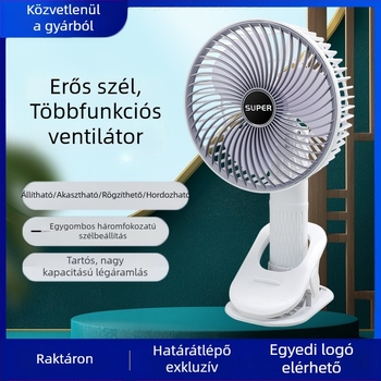 USB klipszes asztali ventilátor, kompakt, 3-lapátos, beépített 500–800 mAh akkumulátor, 3 sebesség, méret 150×290×125 mm