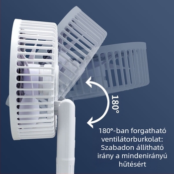 USB klipszes asztali ventilátor, kompakt, 3-lapátos, beépített 500–800 mAh akkumulátor, 3 sebesség, méret 150×290×125 mm
