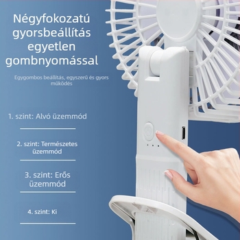 USB klipszes asztali ventilátor, kompakt, 3-lapátos, beépített 500–800 mAh akkumulátor, 3 sebesség, méret 150×290×125 mm