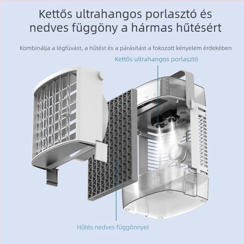Asztali ventilátor párásító permetezővel és hűtéssel, USB tápegység, időzítő
