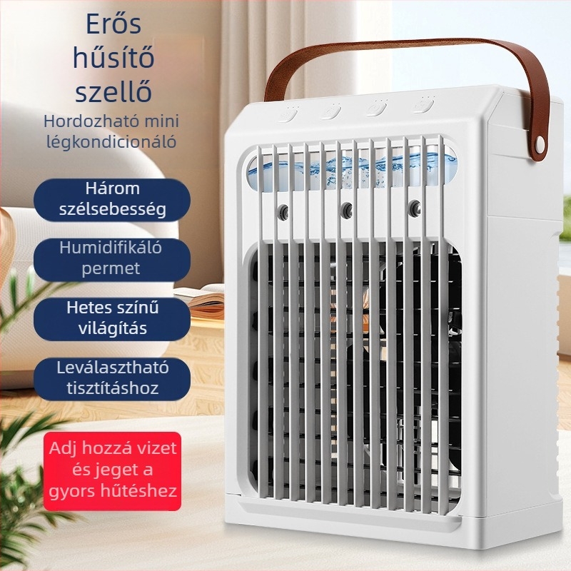 USB-vel működő asztali levegőhűtő párásítóval, 3 sebesség, brushless motor, ABS ház.