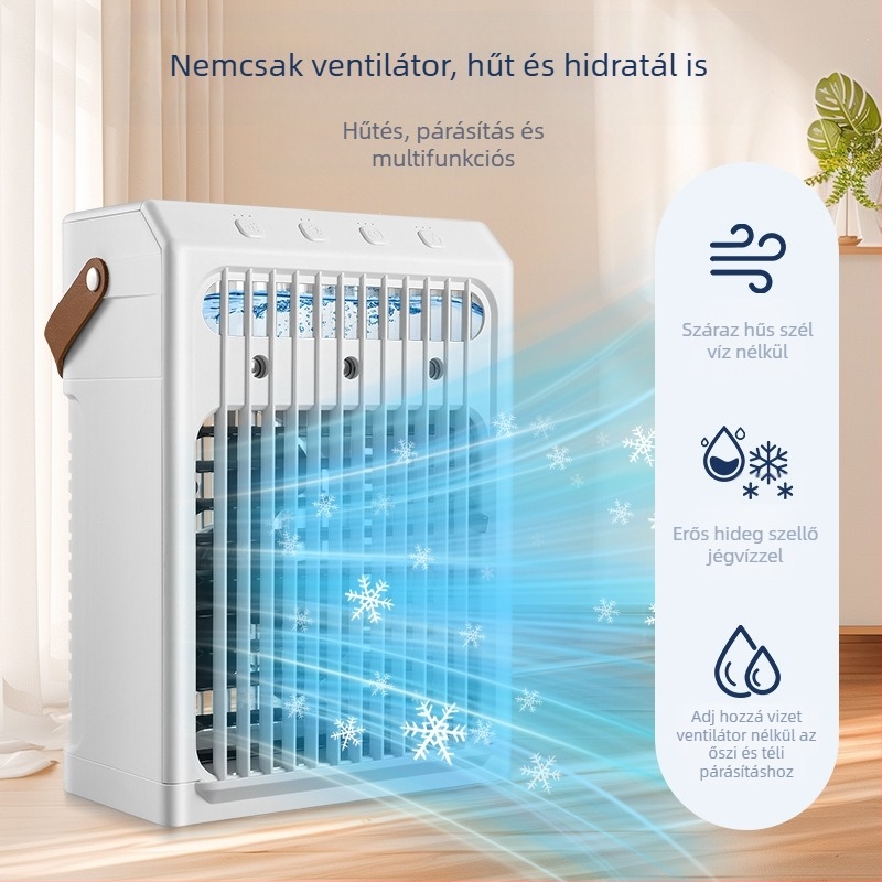 USB-vel működő asztali levegőhűtő párásítóval, 3 sebesség, brushless motor, ABS ház.