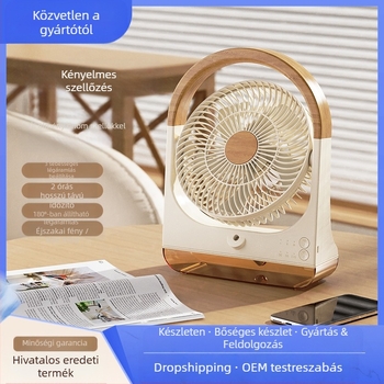 USB-asztali ventilátor 5 lapáttal, brushless motor, beépített 4000–6000 mAh akkumulátor, vízpermetes párásító, 3 sebességfokozat