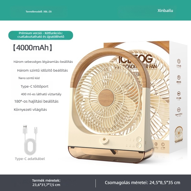 USB-asztali ventilátor 5 lapáttal, brushless motor, beépített 4000–6000 mAh akkumulátor, vízpermetes párásító, 3 sebességfokozat