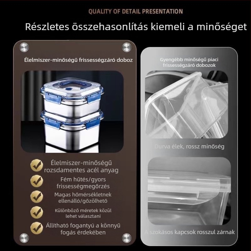 Nagy méretű rozsdamentes acél ebédes doboz, hordozható piknik tároló, zárható fedél