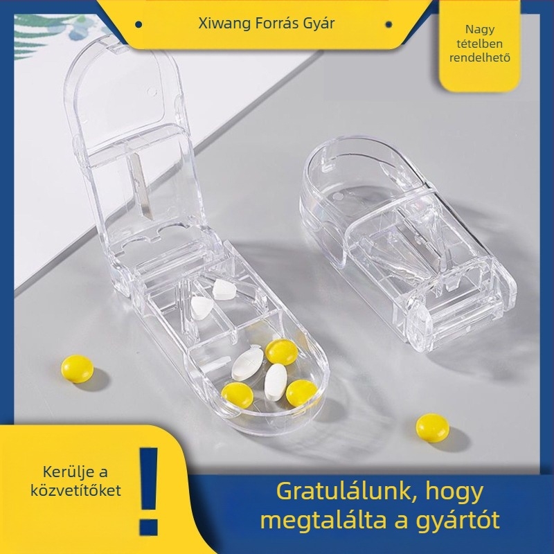 Beépített gyógyszervágóval ellátott tablettatartó doboz, hordozható osztott rekeszekkel, zárófedél, PS anyag