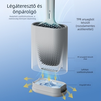 Rozsdamentes acél WC-kefe készlet alapzattal és falra szerelhető kivitelben, minden sarokhoz elér, tömege 315,5 g