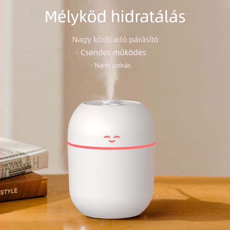 Mosolyarcú USB ultrahangos párásító, 1 párásító kimenet, 10 m² alatti helyiségekhez, víztartály 0,5 L-ig