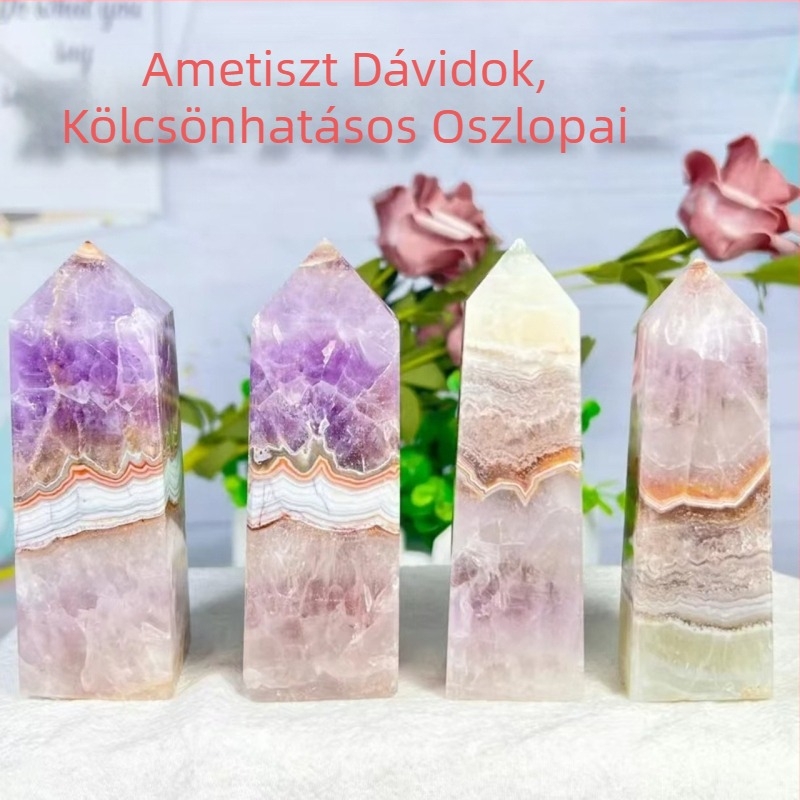 Ametiszt kristály hatszögletű oszlop – geometriai forma, modern minimalist stílus, egyenként PP zacskóban csomagolva