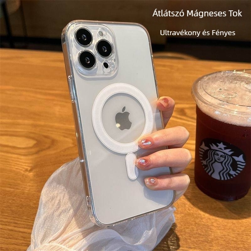 Átlátszó mágneses tok vezeték nélküli töltéssel, ultra vékony, TPU + akrilból, iPhone 11–14 és Pro/Pro Max modellhez.