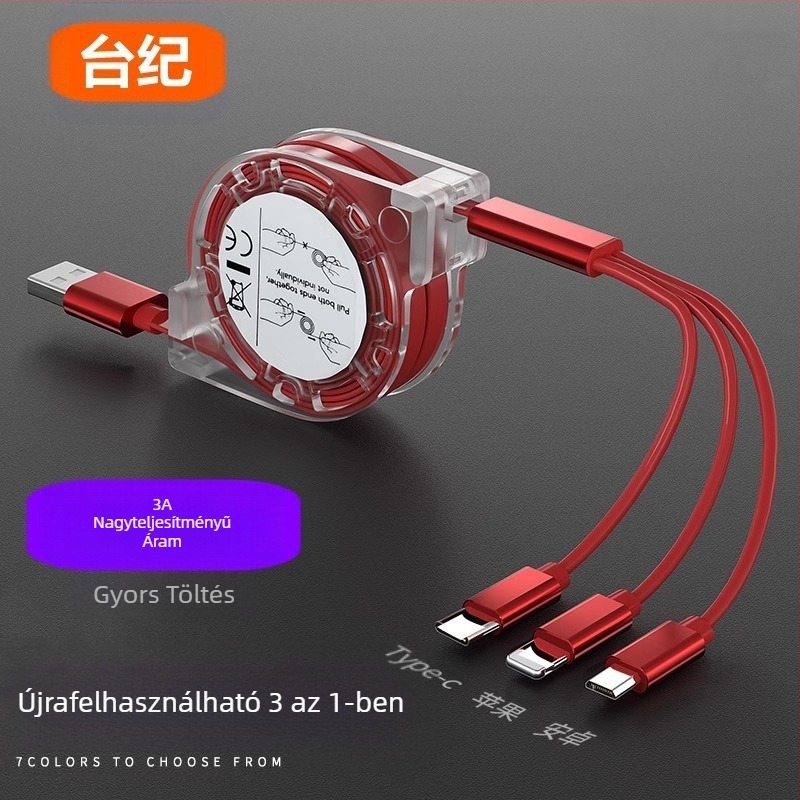 Kihúzható szilikon adat- és töltőkábel három csatlakozóval (Mini USB, Lightning, Type-C) – 1–3 kimenet, gyors töltés.