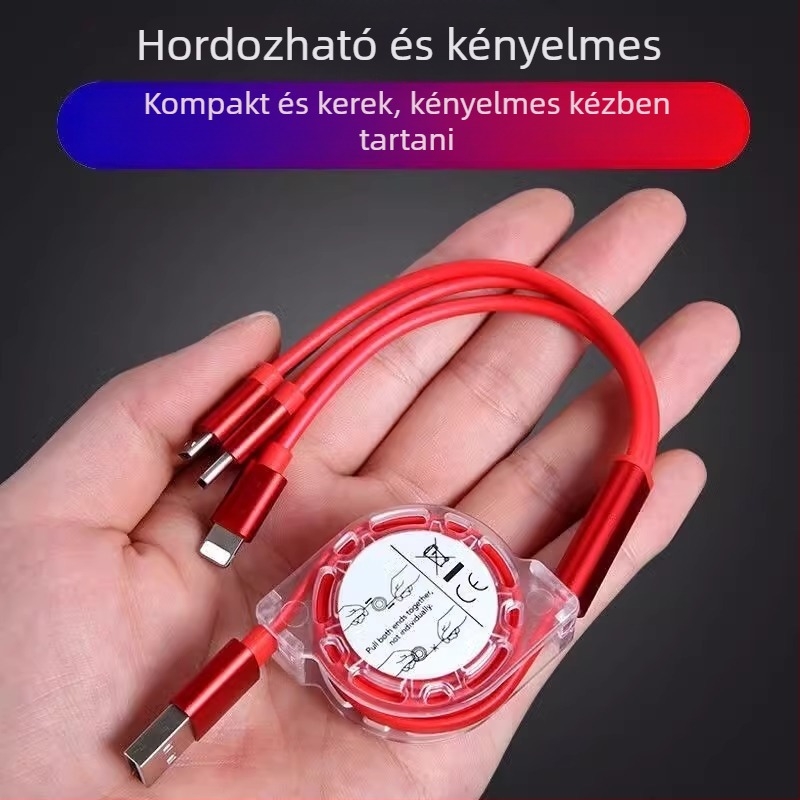 Kihúzható szilikon adat- és töltőkábel három csatlakozóval (Mini USB, Lightning, Type-C) – 1–3 kimenet, gyors töltés.