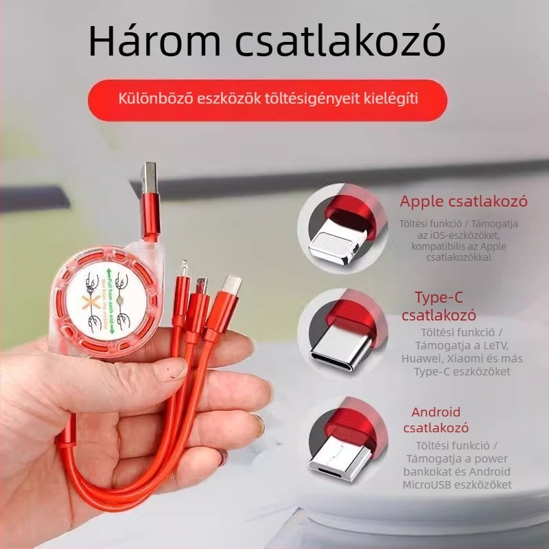 Kihúzható szilikon adat- és töltőkábel három csatlakozóval (Mini USB, Lightning, Type-C) – 1–3 kimenet, gyors töltés.