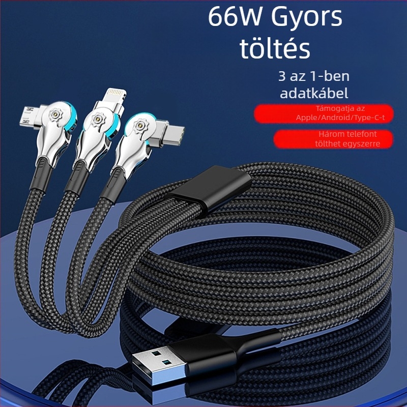 3 az 1-ben forgó adatkábel gyors töltéshez: Lightning, Micro USB és USB-C, hossz 1-2 m, fonott, fekete