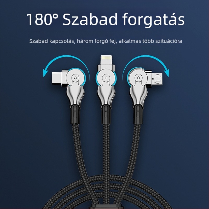 3 az 1-ben forgó adatkábel gyors töltéshez: Lightning, Micro USB és USB-C, hossz 1-2 m, fonott, fekete