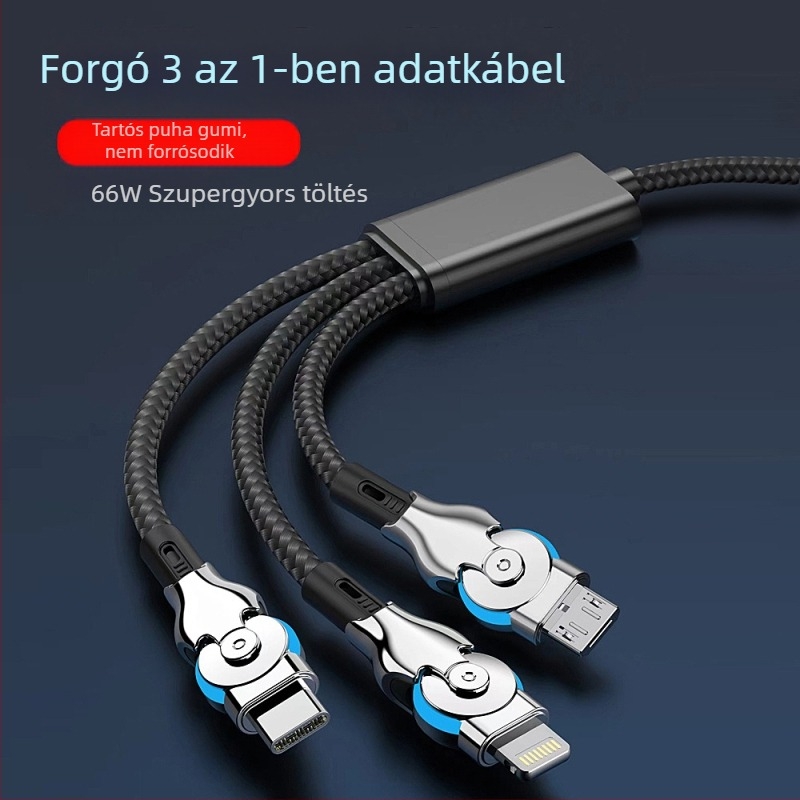3 az 1-ben forgó adatkábel gyors töltéshez: Lightning, Micro USB és USB-C, hossz 1-2 m, fonott, fekete
