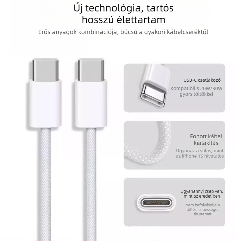 USB-C kötött adatkábel, USB-C–USB-C, 0,3–2,5 m, 100W max, gyorstöltés