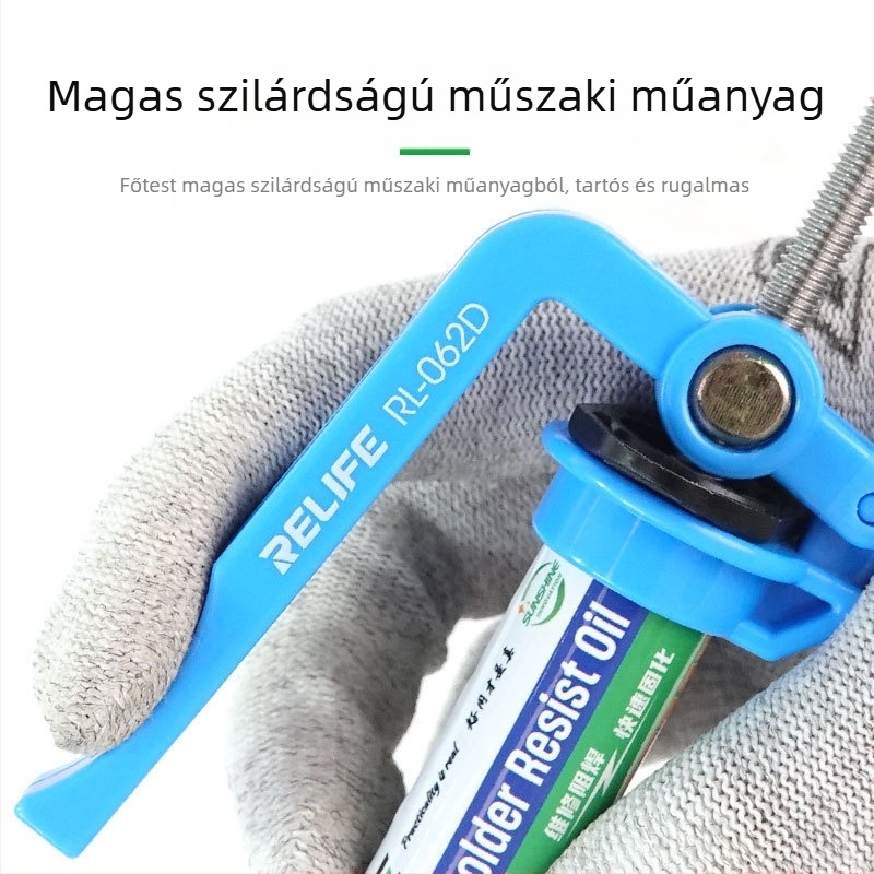 Ragasztópisztoly – kézi működtetésű, a munkát spóroló, tolóhenger szirinszerű kivitelben, kapacitás 5cc/10cc, hardverjavításra