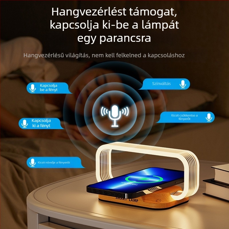 Manjia wr06c Akril éjjeli lámpa intelligens hangvezérléssel az éjjeliszekrényhez, vezeték nélküli gyors töltés – modern minimális stílus, CE tanúsítvány